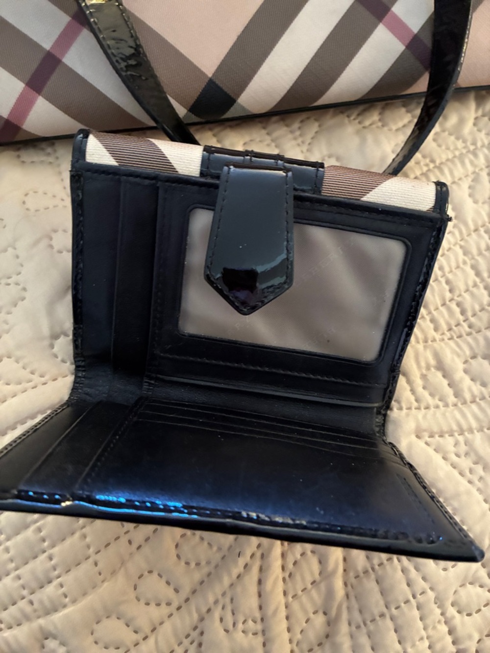 Burberry Beige Check Messenger Bag and wallet with Black Patent Trim - Picture 3 of 8